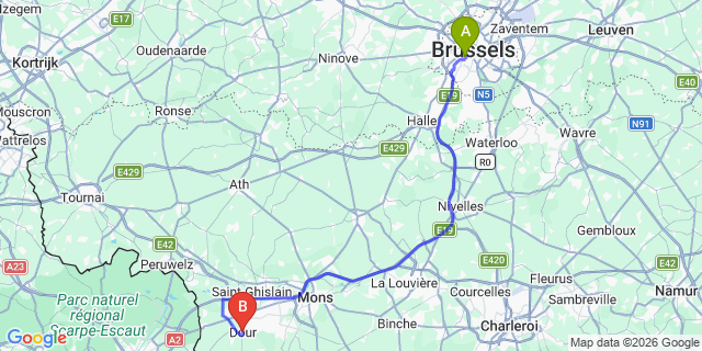 Map: Brussels Midi Train Station to Dour