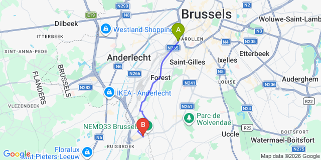 Map: Brussels Midi Train Station to Drogenbos