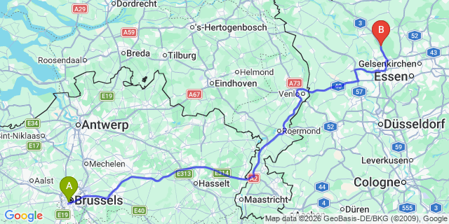 Map: Brussels Midi Train Station to Düsseldorf city (all areas)