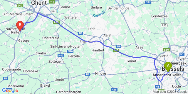 Map: Brussels Midi Train Station to Eke