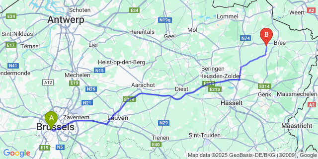 Map: Brussels Midi Train Station to Ellikom