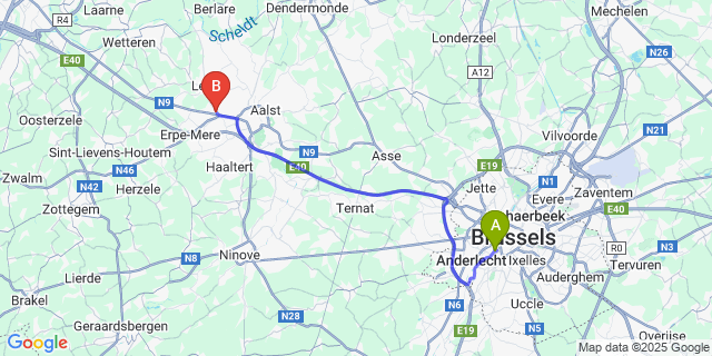 Map: Brussels Midi Train Station to Erpe