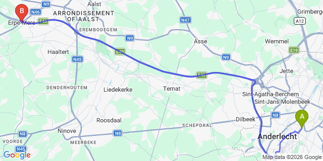 Map: Brussels Midi Train Station to Erpe-Mere