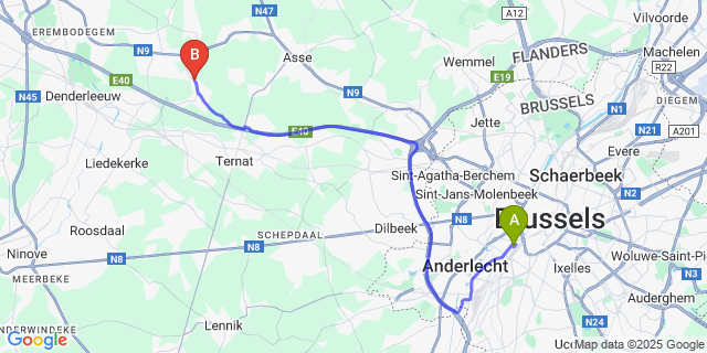 Map: Brussels Midi Train Station to Essene