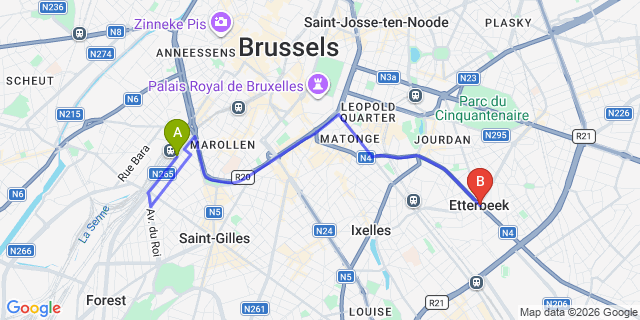 Map: Brussels Midi Train Station to Etterbeek