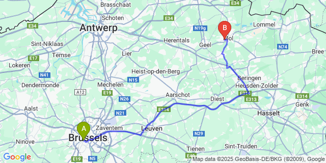 Map: Brussels Midi Train Station to Ezaart