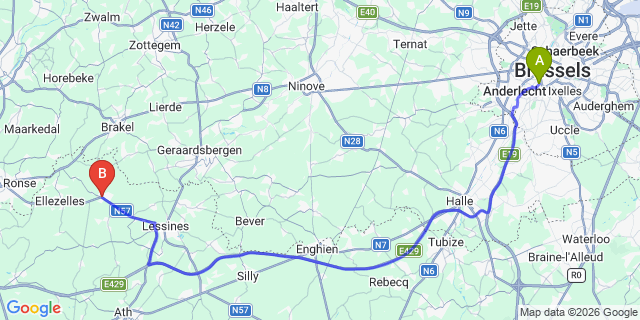 Map: Brussels Midi Train Station to Flobecq