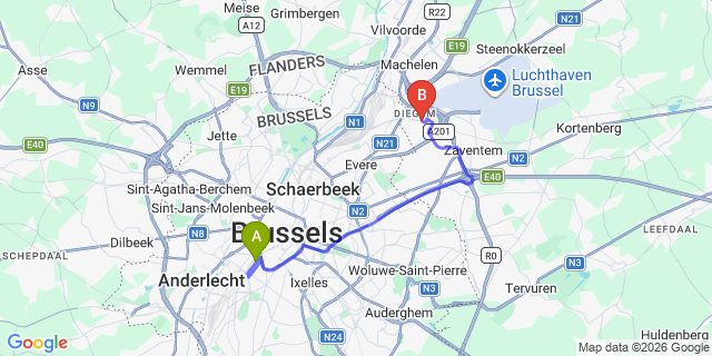 Map: Brussels Midi Train Station to Fly Inn Hotel & Lounge - Brussels Airport