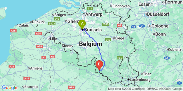 Map: Brussels Midi Train Station to Frahan