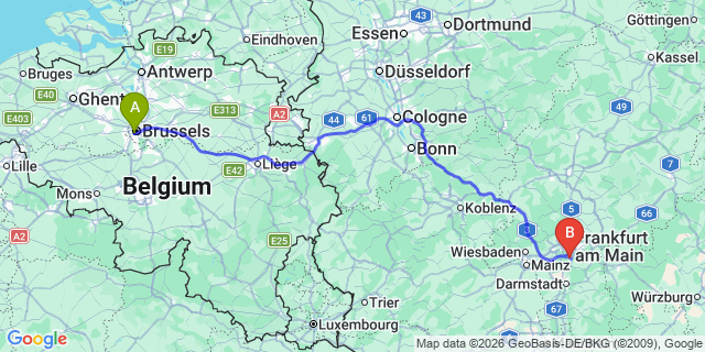 Map: Brussels Midi Train Station to Frankfurt am Main