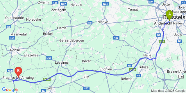 Map: Brussels Midi Train Station to Frasnes-Lez-Anvaing