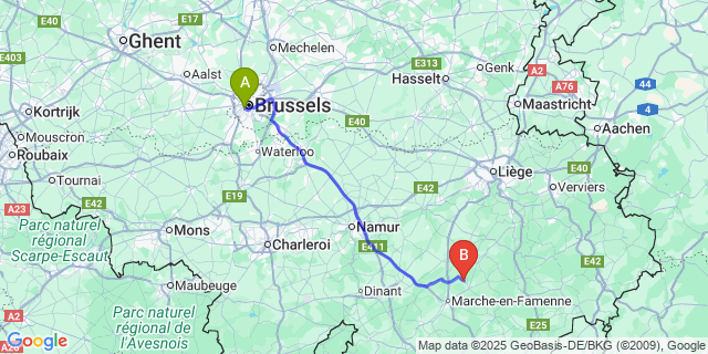 Map: Brussels Midi Train Station to Fronville