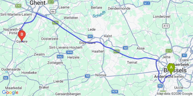 Map: Brussels Midi Train Station to Gavere