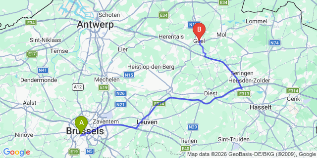 Map: Brussels Midi Train Station to Geel