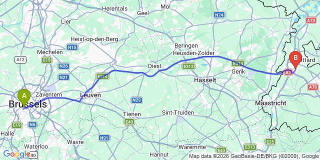 Map: Brussels Midi Train Station to Geleen