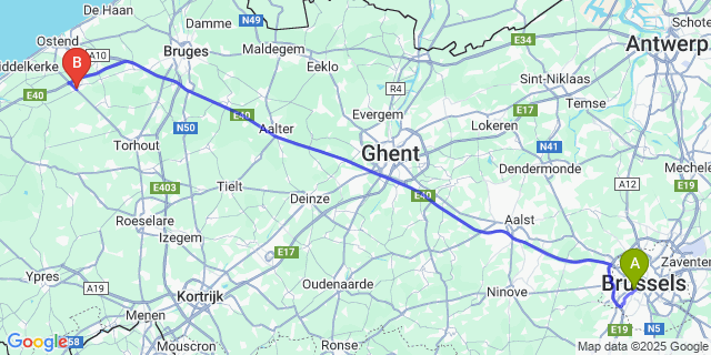 Map: Brussels Midi Train Station to Gistel