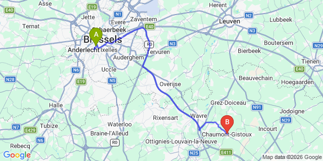 Map: Brussels Midi Train Station to Gistoux