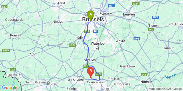 Map: Brussels Midi Train Station to Gouy-Lez-Piéton