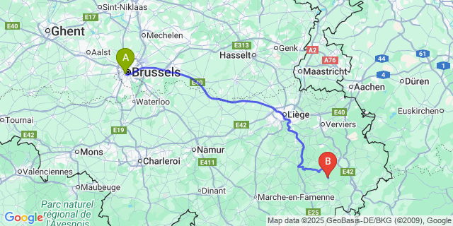 Map: Brussels Midi Train Station to Grand-Halleux