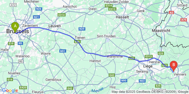 Map: Brussels Midi Train Station to Grand-Rechain