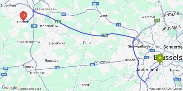 Map: Brussels Midi Train Station to Haaltert