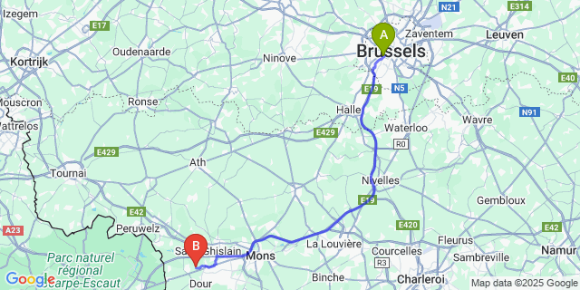 Map: Brussels Midi Train Station to Hainin