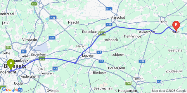 Map: Brussels Midi Train Station to Halen