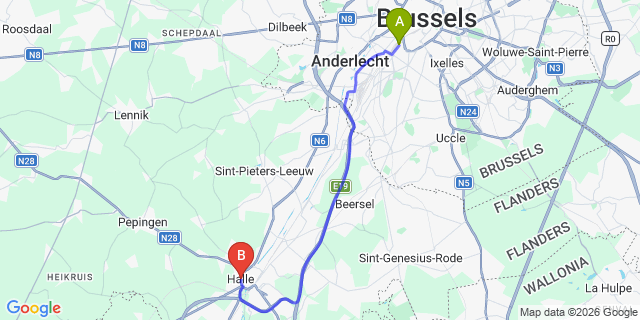 Map: Brussels Midi Train Station to Halle