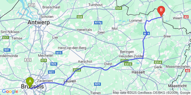 Map: Brussels Midi Train Station to Hamont
