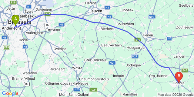 Map: Brussels Midi Train Station to Hannut