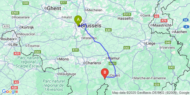 Map: Brussels Midi Train Station to Hastiere-par-dela