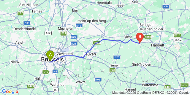 Map: Brussels Midi Train Station to Herk-de-Stad