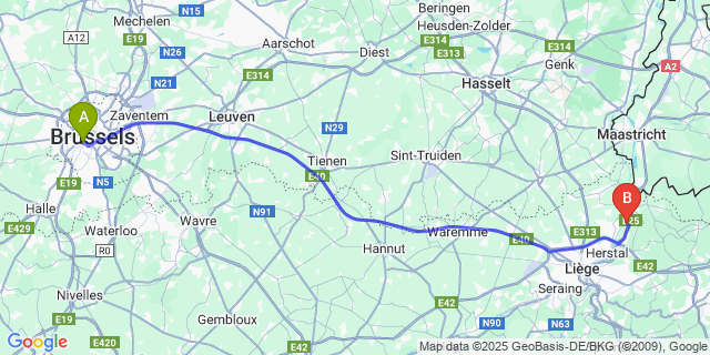 Map: Brussels Midi Train Station to Hermalle-Sous-Argenteau