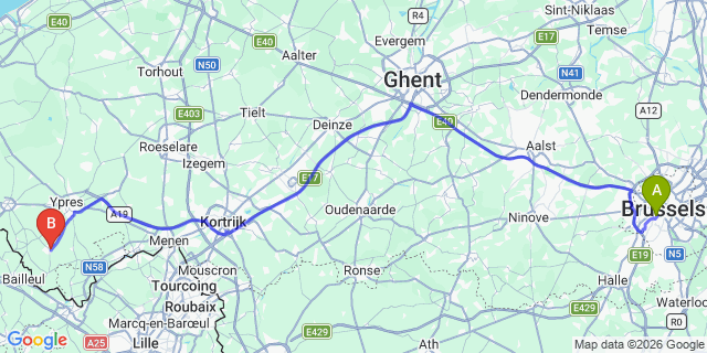 Map: Brussels Midi Train Station to Heuvelland