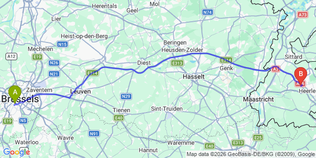 Map: Brussels Midi Train Station to Hoensbroek
