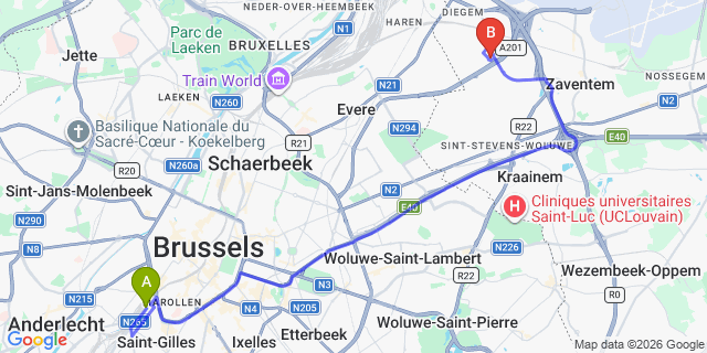 Map: Brussels Midi Train Station to Holiday Inn Express Brussels Airport, an IHG Hotel