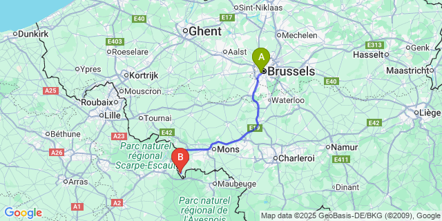 Map: Brussels Midi Train Station to Honnelles