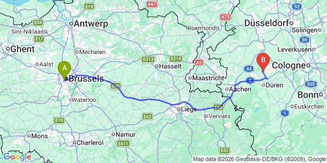 Map: Brussels Midi Train Station to Hoogeveen