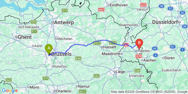 Map: Brussels Midi Train Station to Horst aan de Maas