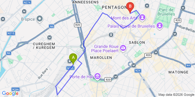 Map: Brussels Midi Train Station to Hotel Alma Grand Place, Brussels