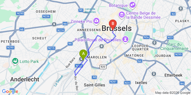 Map: Brussels Midi Train Station to Hotel Aris Grand-Place, Brussels
