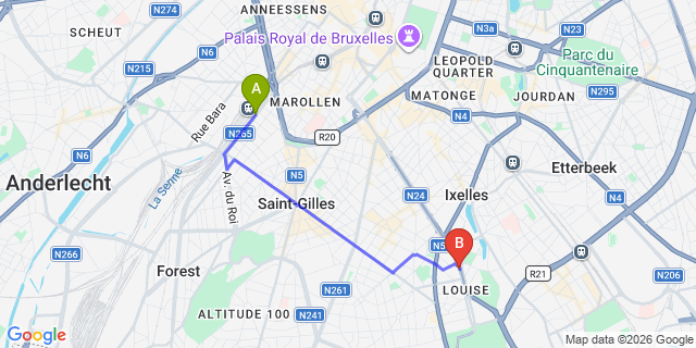 Map: Brussels Midi Train Station to Hotel Barsey by Warwick, Brussels