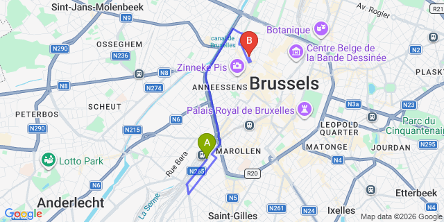 Map: Brussels Midi Train Station to Hotel Cafe, Brussels