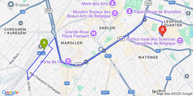 Map: Brussels Midi Train Station to Hotel du Parlement, Brussels