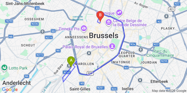 Map: Brussels Midi Train Station to Hotel Esperance, Brussels