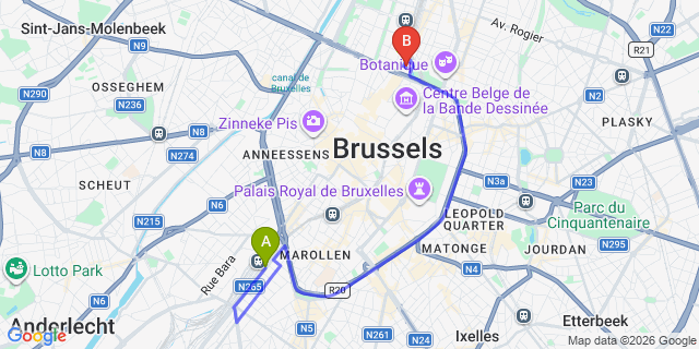 Map: Brussels Midi Train Station to Hotel Indigo Brussels - City, an IHG Hotel