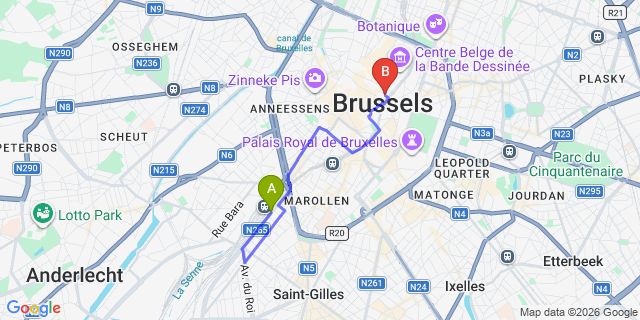 Map: Brussels Midi Train Station to Hotel NH Brussels Grand Place Arenberg