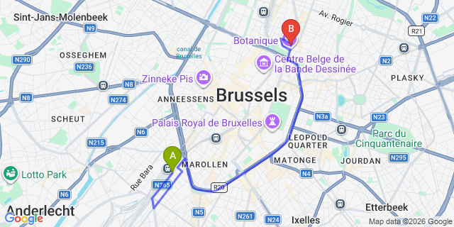 Map: Brussels Midi Train Station to Hotel nhow Brussels Bloom