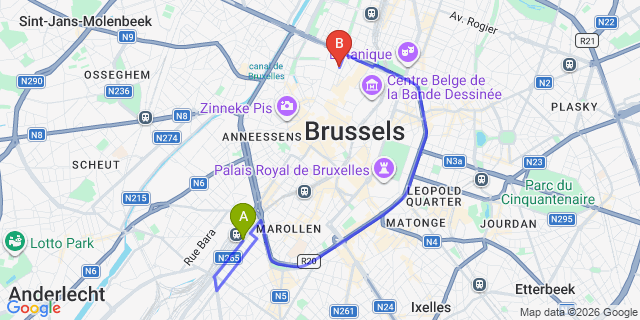 Map: Brussels Midi Train Station to Hotel Queen Anne, Brussels