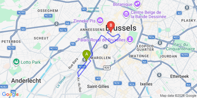 Map: Brussels Midi Train Station to Hotel Residence Le Quinze, Brussels